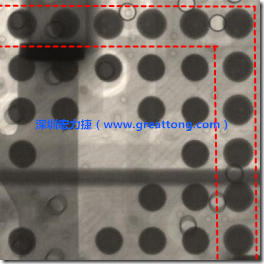 BGA錫球尺寸小于0.4mm，采用降低BGA內(nèi)圍襲球的錫膏量所得到X-Ray，稍微留意一下可以發(fā)現(xiàn)最外圈的錫量(圓的直徑)比其他內(nèi)圍的錫球上的錫量來得多一點點。也就是外圈的黑色圓形直徑比內(nèi)圈的圓形來得大一點點。