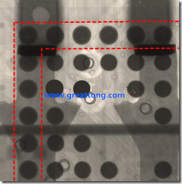 BGA錫球尺寸小于0.4mm，采用降低BGA內(nèi)圍襲球的錫膏量所得到X-Ray，稍微留意一下可以發(fā)現(xiàn)最外圈的錫量(圓的直徑)比其他內(nèi)圍的錫球上的錫量來得多一點點。也就是外圈的黑色圓形直徑比內(nèi)圈的圓形來得大一點點。