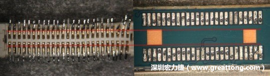 把板對(duì)板連接器與其電路板的佈線焊墊作一個(gè)比較，端子的切斷面有毛邊的地方剛好對(duì)到了裸銅區(qū)。
