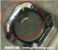 使用錫(Sn)鍍層的電源電感器(Power Inductors)，經(jīng)過推力測試后，其焊點(diǎn)還保留在零件的端點(diǎn)上，所以推力比較高。