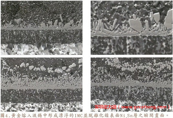 下面四張圖片為放大4500倍的SEM圖像，說明在回流焊爐熱量不足的情況下，黃金成份正要從鎳層分離融入焊錫之中的瞬間，當(dāng)零件遭受外力沖擊的時(shí)候就極有可能從這一整排AuSn、、AuSn2或AuSn4的IMC處裂開。