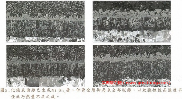 下面四圖顯示，當(dāng)焊接的熱量不足或未持續(xù)時(shí)，雖然Ni3Sn4的薄薄IMC層已經(jīng)生成而焊牢，但也會(huì)因?yàn)锳uSn及AuSn2還未來得及逸走，而停留在共金介面附近，當(dāng)有外力拉扯的時(shí)候，就很容易斷裂開來。這就是為何ENIG的焊點(diǎn)強(qiáng)度，始終不如銅面焊點(diǎn)(Cu6Sn5)來得更為牢固的主因之一。