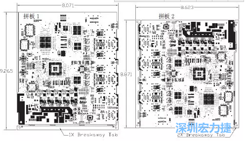 如圖7所示是使用不同數(shù)量邊條的拼板，拼板1僅使用了一個(gè)邊條，直接利用PCB另一邊作為SMT工藝傳送邊，并且PCB圖形中有合適的安裝孔；而拼板2則是按常規(guī)設(shè)計(jì)了兩個(gè)邊條。拼板方式為連接筋。圖中“Breakaway Tab”指邊條-深圳宏力捷