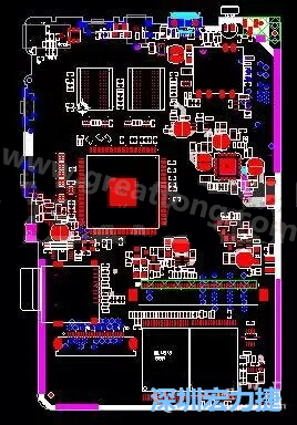上圖是一個(gè)開(kāi)發(fā)板的PCB，從布局中可以看出各個(gè)接口電路分離很明確，SDRAM和DDR以及SD卡接口電路等走線不會(huì)造成相互的干擾。-深圳宏力捷