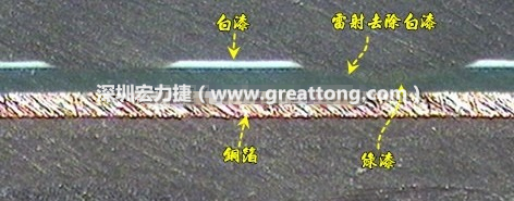 雷射雕刻最主要是去除電路板上的防焊綠漆或是絲印白漆并形成燒焦痕跡，所以在使用雷射雕刻的時候必須特別留意其能量不可以傷到防焊綠漆或是絲印白漆下面的銅箔，最好連銅箔都不要露出來