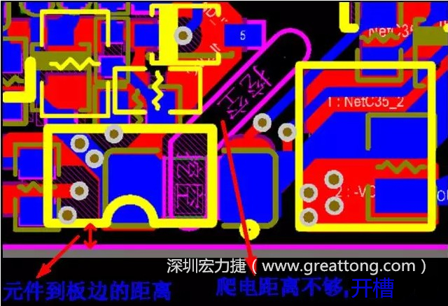 如果碰到模塊PCB空間有限，爬電距離不夠，可以采用開(kāi)槽的方式
