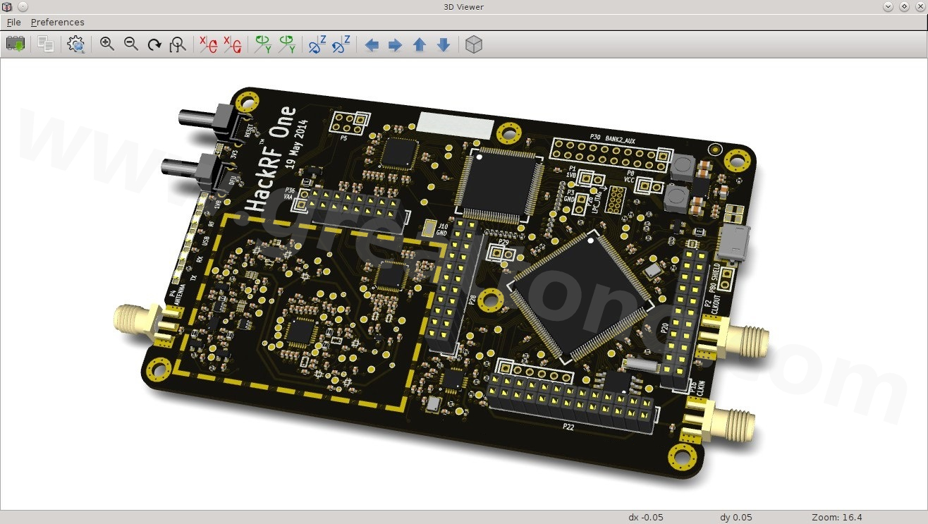 經(jīng)KiCad軟體3D功能渲染過的HackRF One電路板。
