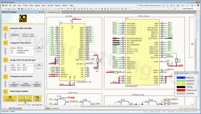 XJTAG DFT Assistant的Access Viewer模式可以清楚地顯示可用的測試存取層級，讓電路板設(shè)計人員在展開PCB布局以前的原理圖擷取階段盡可能地提高測試存取能力
