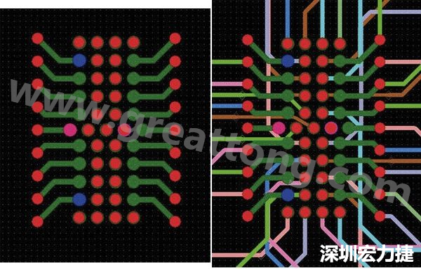 圖7：焊盤內(nèi)過孔用于內(nèi)部，而外部接腳在0.5mm閘格上扇出。圖7a顯示的是頂層(左)；圖7b顯示頂層和內(nèi)部布線層(右)。