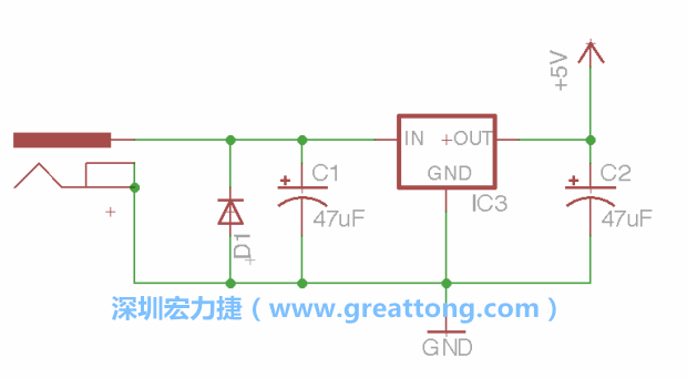 新增RBBB→Power_Jack，將它放在電壓調(diào)整器的輸入端旁邊。
