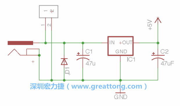 2.5.    新增一個二極體，它會以水平的狀態(tài)出現(xiàn)在屏幕上，請使用「旋轉(zhuǎn)（Rotate）」工具把它負極那一面朝上，并且用「網(wǎng)絡(luò)連接」工具將它連接在電壓調(diào)整器的輸入端和接地端之間。