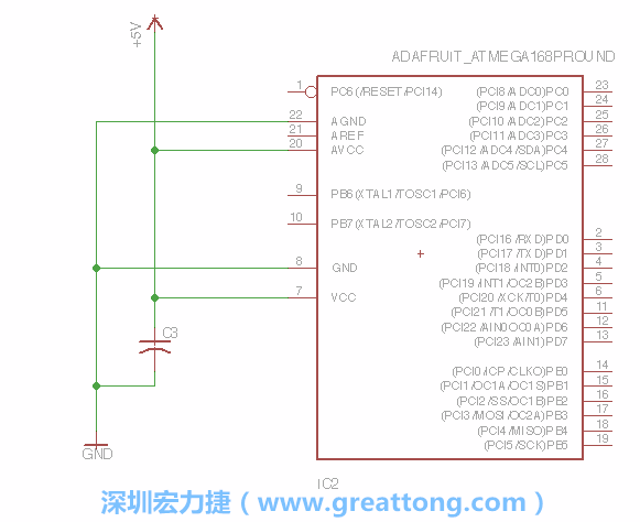 3.1.    新增微控制器晶片（RBBB → ATmega），把它放在電路原理圖的中央附近，把它的兩個接地接頭連接到接地訊號端。