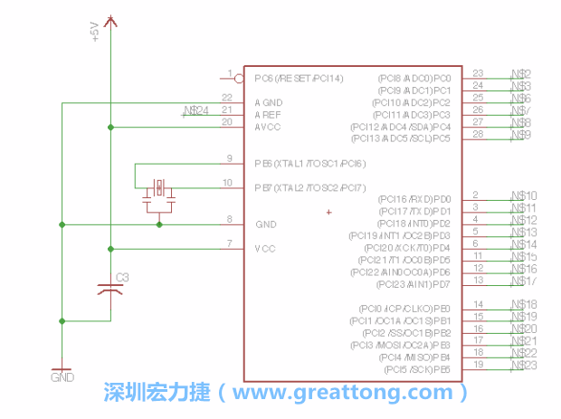 3.3.    將共鳴器（resonator）放置在針腳9和針腳10附近，將它的三個針腳連接如圖所示，并確認最中間的針腳有連到接地端。