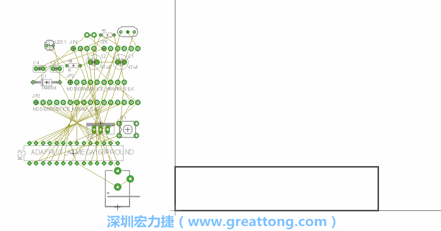 第一次執(zhí)行布線編輯器時，你會發(fā)現(xiàn)有兩個區(qū)塊，左邊的區(qū)塊非?；靵y，而右邊的區(qū)塊則是一個長方形的工作區(qū)域，EAGLE免費版會限制你的工作區(qū)域在4” x 3.2”的范圍內(nèi)，如果你試圖將元件擺放在工作區(qū)外的話，就會跳出警示訊息。