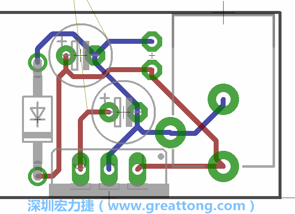 接地連結(jié)點的布線情形如下圖所示，利用這個練習(xí)來避免電路連線銳角化的產(chǎn)生是一個不錯的選擇，你可以在工具列中的彎曲線路（Wire Bend）選項里改變各種布線的變化。