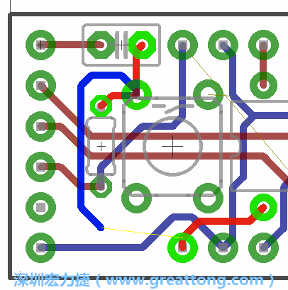 要在電路板正面進行+5V信號線連結(jié)和其他連結(jié)點的布線工作是非常容易的，而重置信號線（信號線用來連結(jié)電路板正面左邊的重置開關(guān)）需要經(jīng)過一個可以通過電路板正反兩面的電路通道，這個通道是一個可以讓電路板正反兩面線路連接的一個小孔。