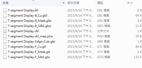 所謂Gerber檔，其實(shí)是包含一群檔案 (如下圖所示)，如包含正反面銅箔層 F.Cu B.Cu.，正反面文字面 F.Silkscreen ，B.Silkscreen，防焊層 SolderMask、板邊裁切Edge.Cuts 等。