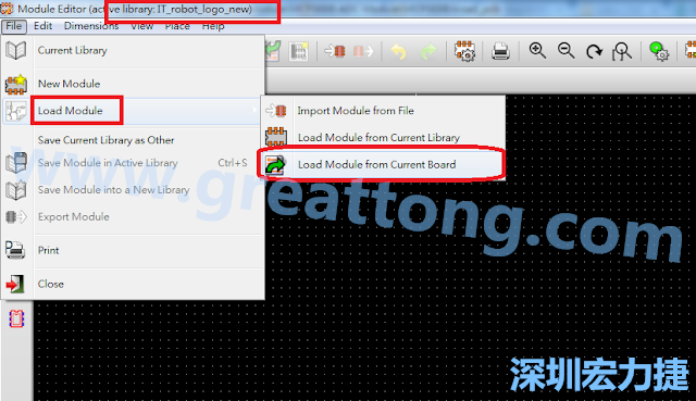 進入Module Editor去載入其他Footprint(Module)進來， 從目前的Active library (不過要先選取一個Current library ) 載入Module 或從目前正在編輯的PCB載入Module。