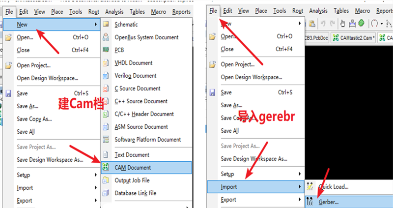 在File下新建 Cam檔，建后再File下導(dǎo)入Gerber文件，選擇所有文件導(dǎo)入gerber。